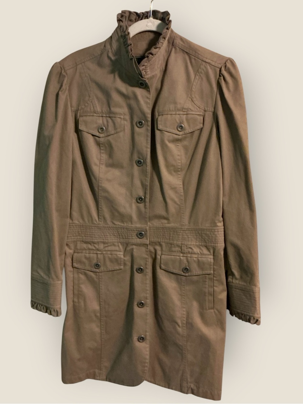 🌼NWT-EDDIE BAUER RUFFLE TRIM CHINO LONG COCOA TRENCH COAT
